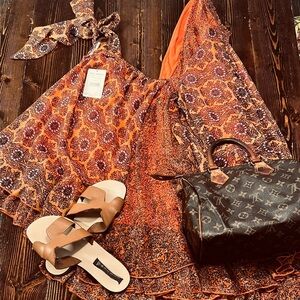 Free People Orange Summer Mini Boho Dress Size Small, low V-neck